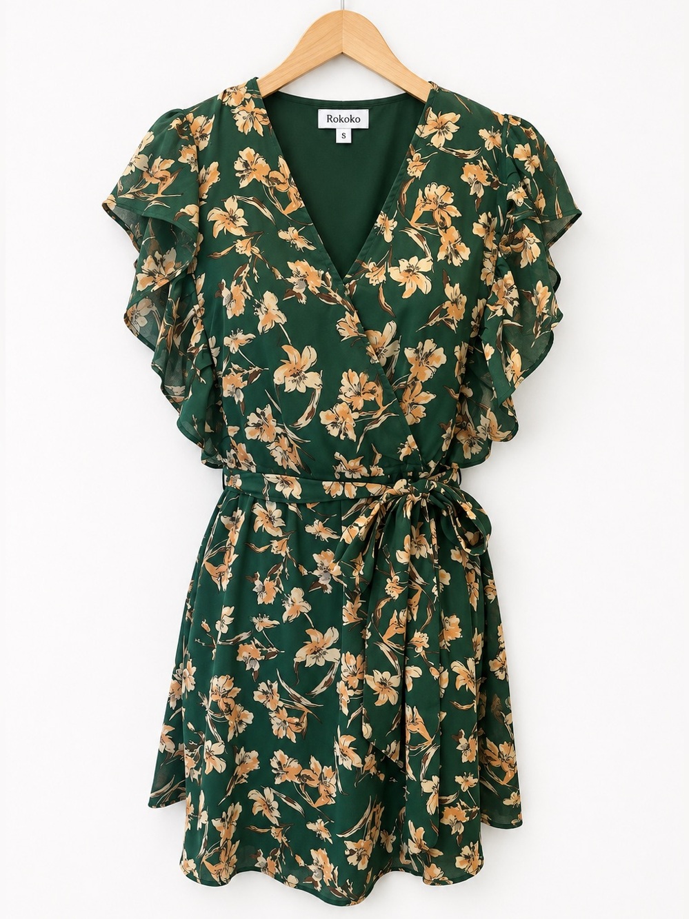 Rokoko Green Floral Wrap Dress Small V Neck Ruffle Sleeve Boho Spring Summer